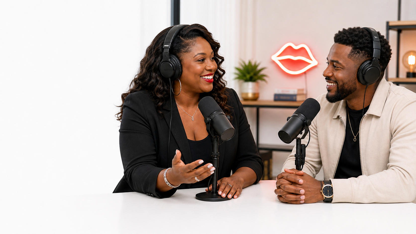 African American woman and man enjoying a one-on-one podcast conversation in a bright studio